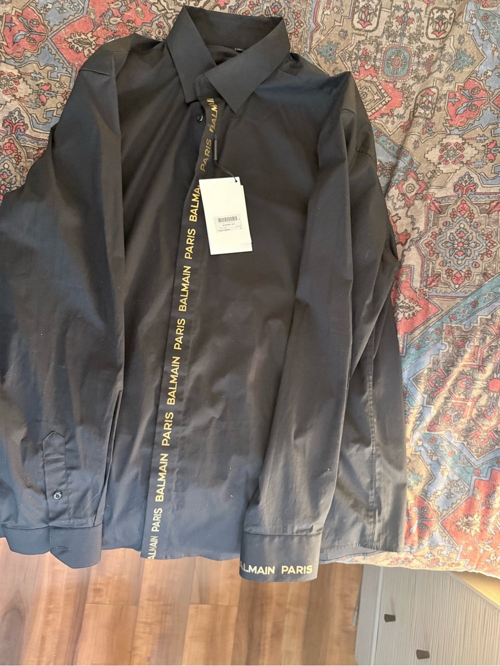 Balmain Black Button-Down Shirt with Gold Logo Trim